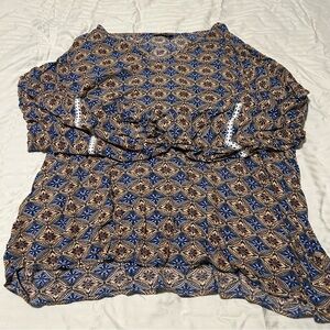 BloomChic Blue and Brown Geometric Long Sleeve Tunic Top